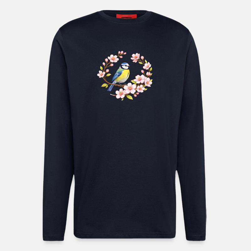 Blaumeise mit Kirschblüten Frühlingsmotiv - Langarmshirt - made by SPREAD  - DARK NAVY