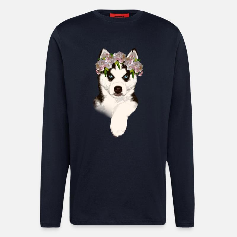 Husky avec couronne de fleurs - Manches longues bio décontracté fabriqué en UE - DARK NAVY