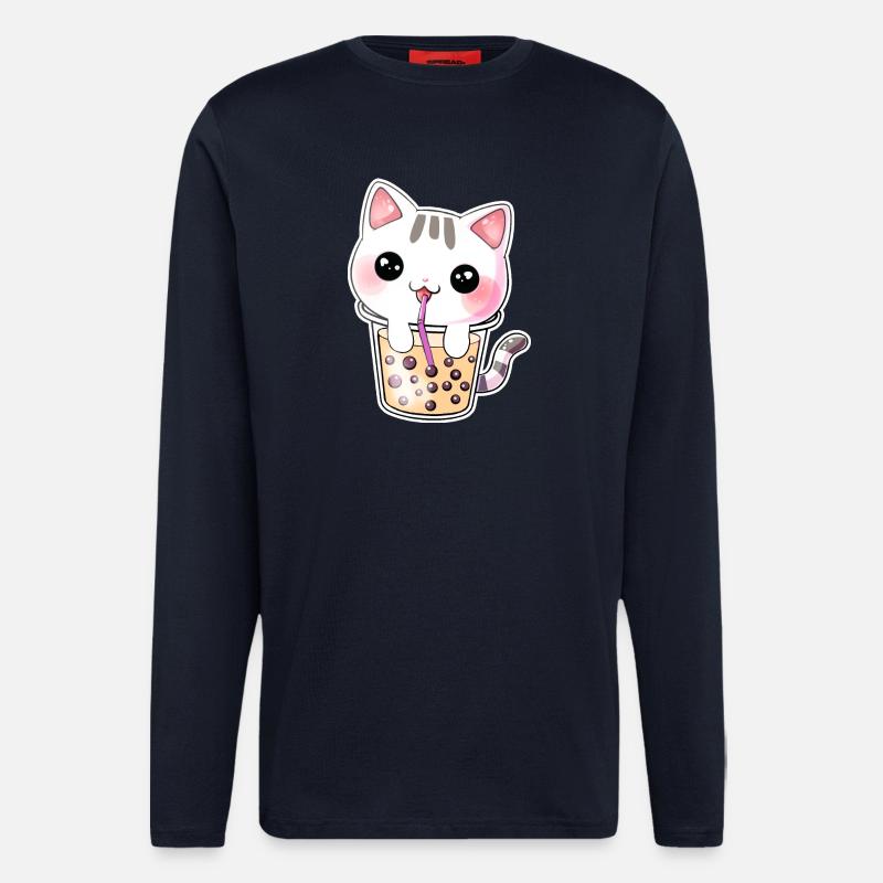 Kawaii Bubble Tea Chat - Manches longues bio décontracté fabriqué en UE - DARK NAVY