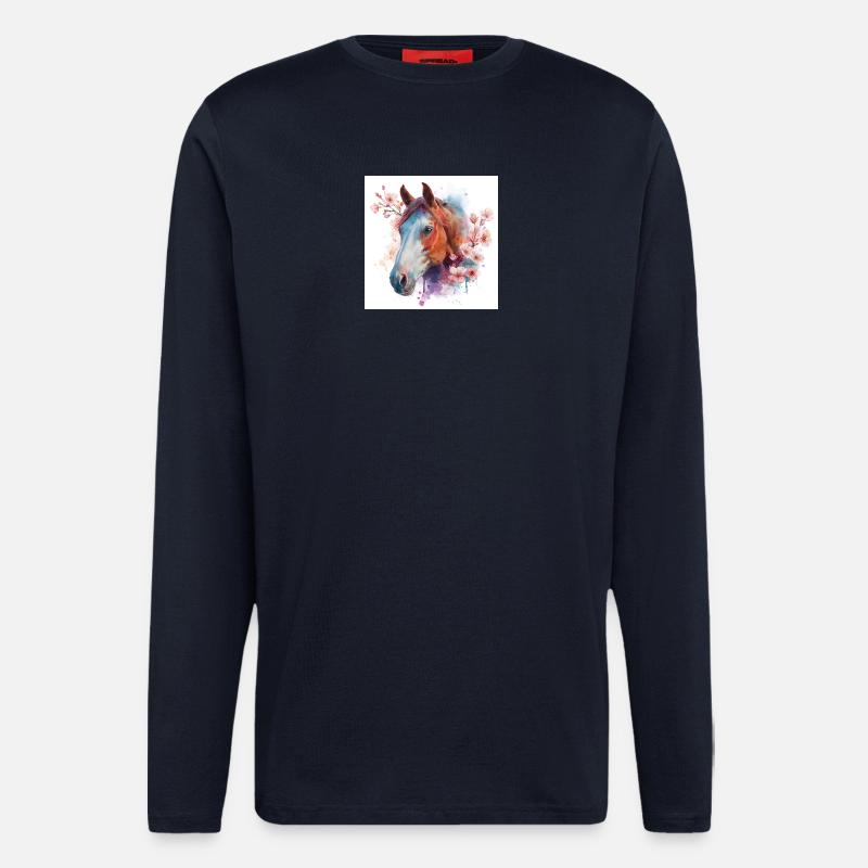 Aquarelle Cheval et Fleurs - Manches longues bio décontracté fabriqué en UE - DARK NAVY
