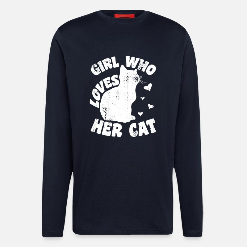 Fille qui aime son chat - Manches longues bio décontracté fabriqué en UE - DARK NAVY