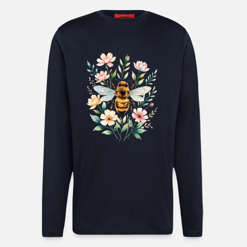 Biene im Blütenrahmen - Langarmshirt - made by SPREAD  - DARK NAVY