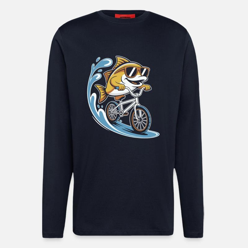 Fish with sunglasses on bicycle - Longsleeve - made by SPREAD  - DARK NAVY
