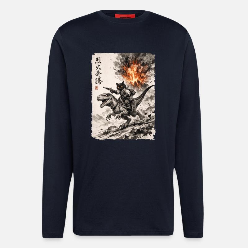 Katze, Dinosaurier, Vulkan, Vulkanausbruch, Anime - Langarmshirt - made by SPREAD  - DARK NAVY