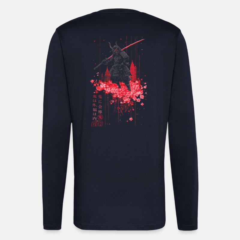 Oni - samurai mit Sakura Kirschblüten - Langarmshirt - made by SPREAD - DARK NAVY