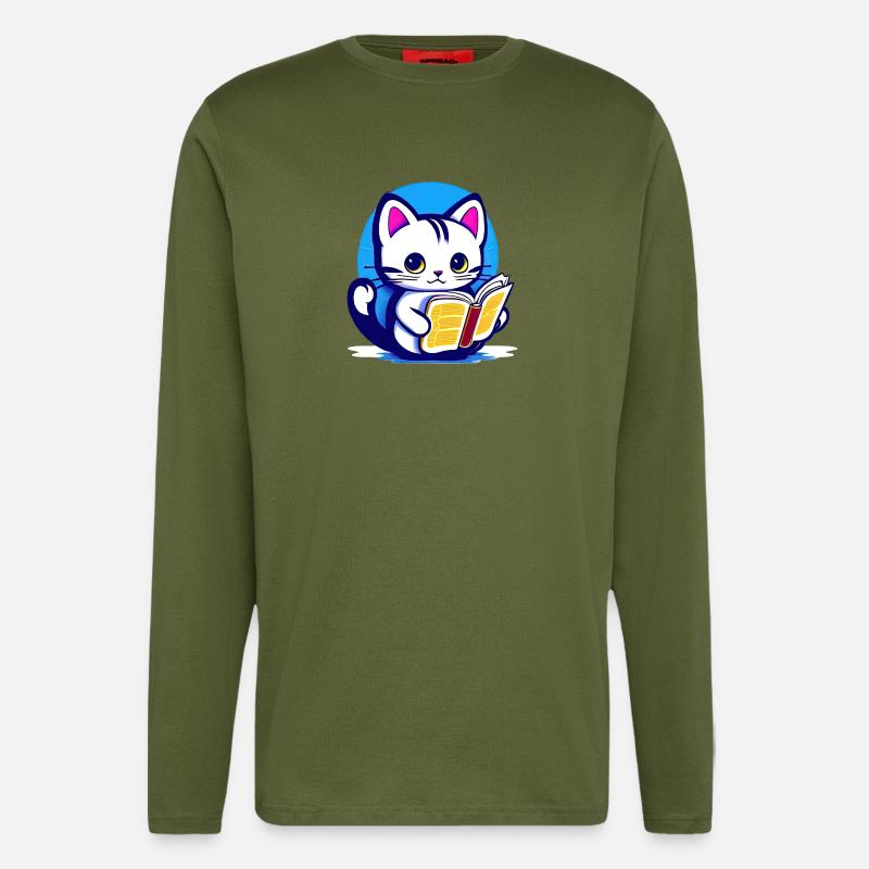 Katze liest ein Buch - Langarmshirt - made by SPREAD  - MOSS GREEN