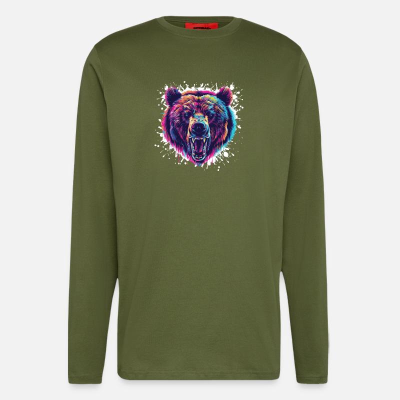 Bunter Bärenkopf Neon Splatter - Langarmshirt - made by SPREAD  - MOSS GREEN
