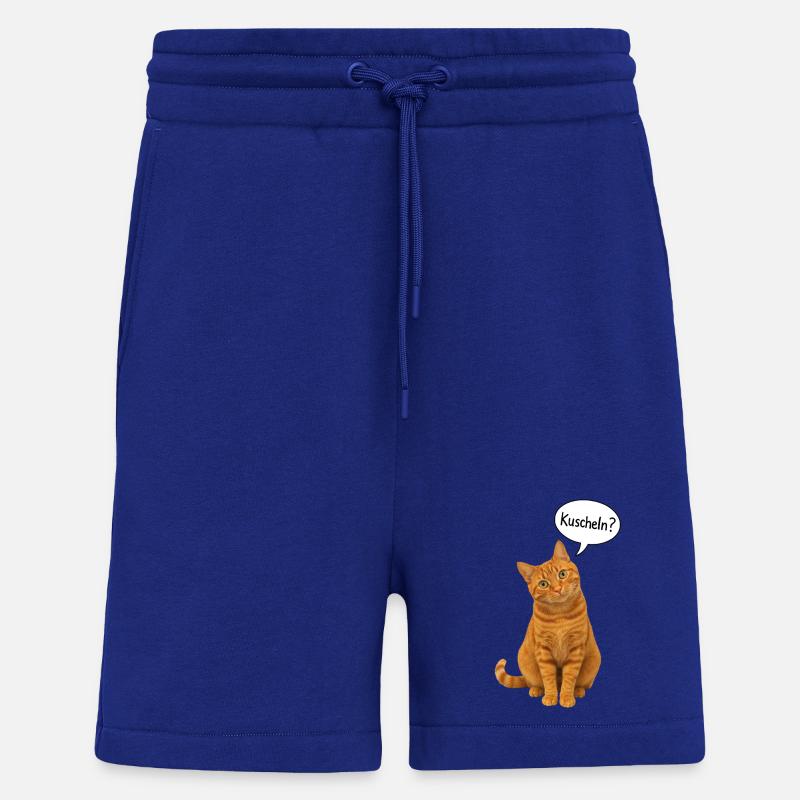 Red cat with tilted head asks: "Cuddle?" - Shorts - made by SPREAD - Iconic Blue