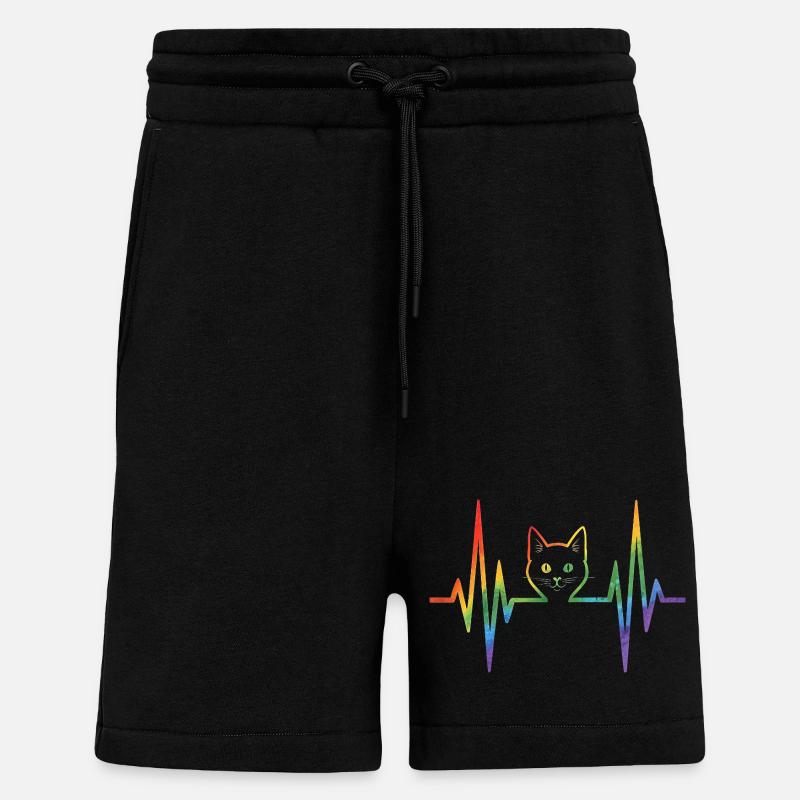 Regenbogenkatze mit Pulsherzlinie - Shorts - made by SPREAD - SOLID BLACK