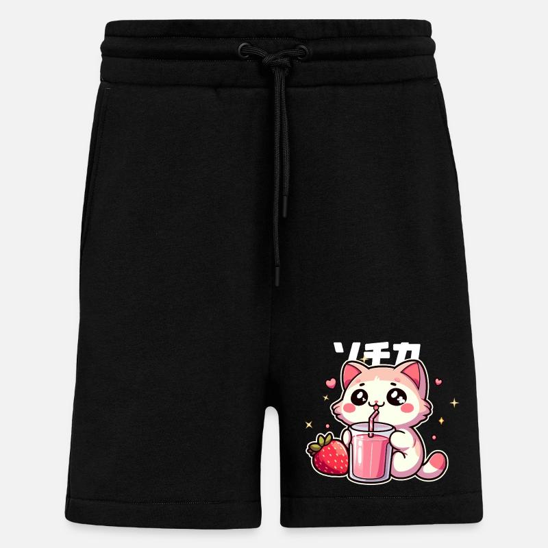 Kawaii kitten drinking strawberry smoothie - Shorts - made by SPREAD - SOLID BLACK