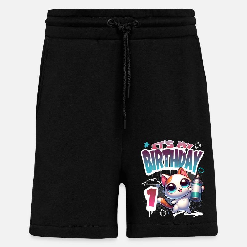 1er anniversaire chat graffiti - Short bio décontracté fabriqué en UE - SOLID BLACK