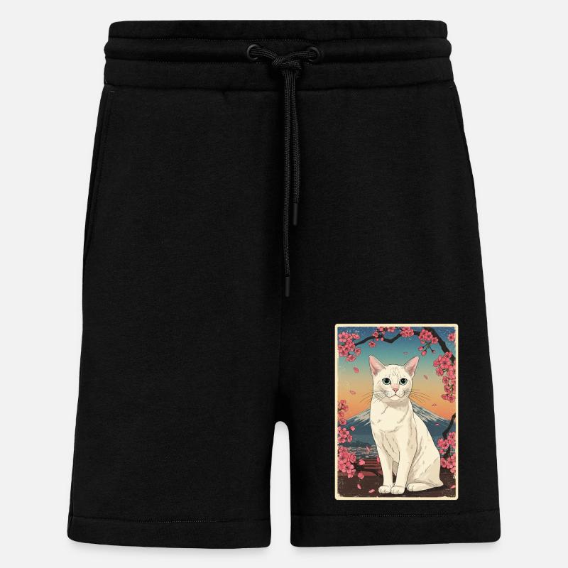 White Cat Cherry Blossom - Shorts - made by SPREAD - SOLID BLACK