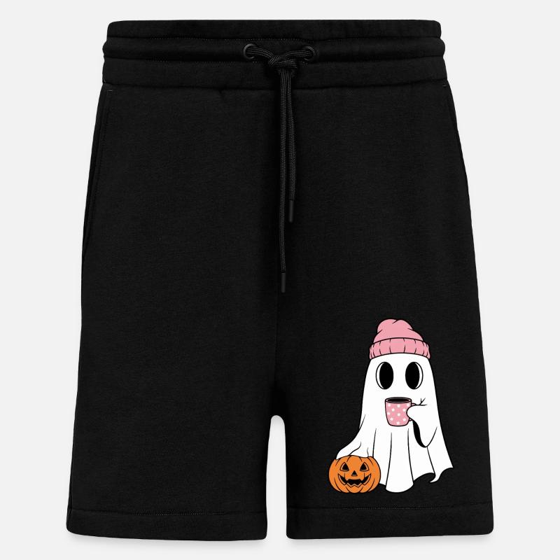 Cute Ghost Drinking Coffee Enthusiast - Shorts - made by SPREAD - SOLID BLACK