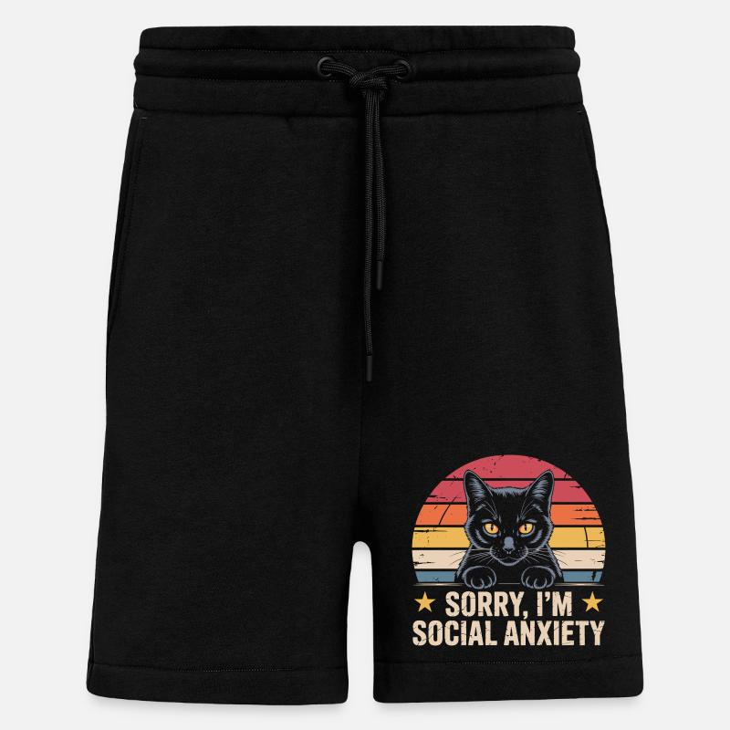 Anxiété sociale du chat noir rétro - Short bio décontracté fabriqué en UE - SOLID BLACK