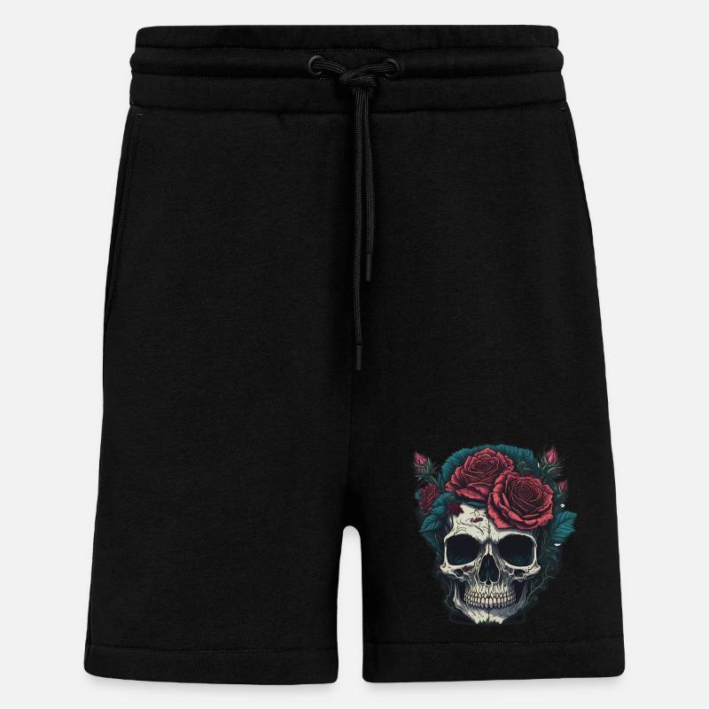 Crâne avec des roses - Short bio décontracté fabriqué en UE - SOLID BLACK