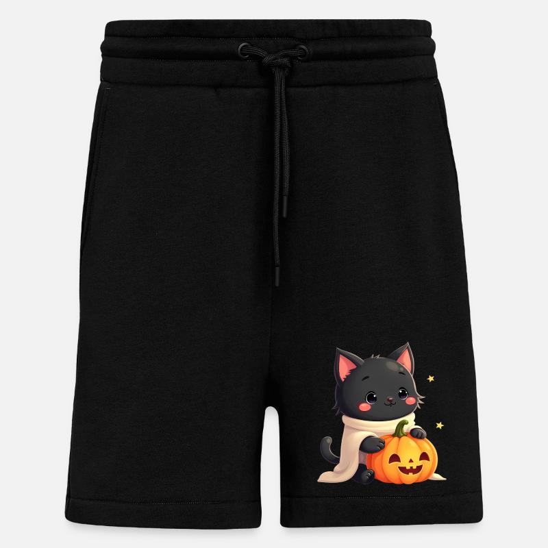 Chat d’Halloween avec citrouille d’Halloween - Short bio décontracté fabriqué en UE - SOLID BLACK