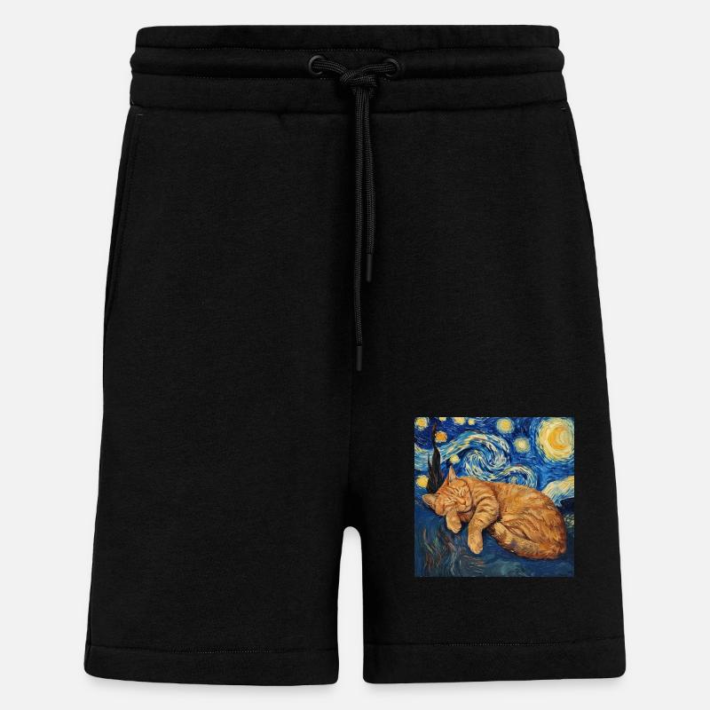 Chat Van Gogh Nuit étoilée - Short bio décontracté fabriqué en UE - SOLID BLACK