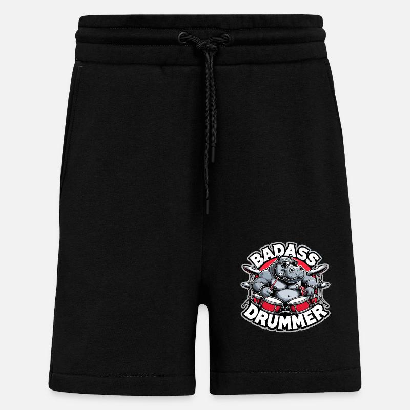 Badass Drummer Hippo Cool Gift - Short bio décontracté fabriqué en UE - SOLID BLACK
