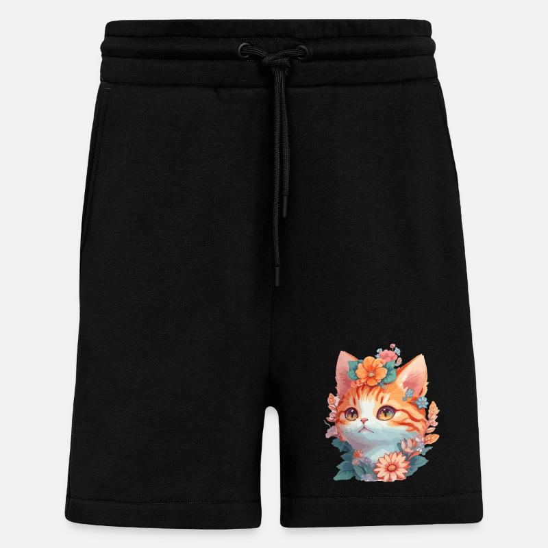 Chat rouge avec des fleurs - Short bio décontracté fabriqué en UE - SOLID BLACK