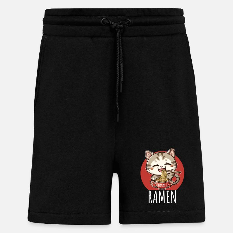 Retro Kawaii Cat Eats Ramen - Shorts - made by SPREAD - SOLID BLACK