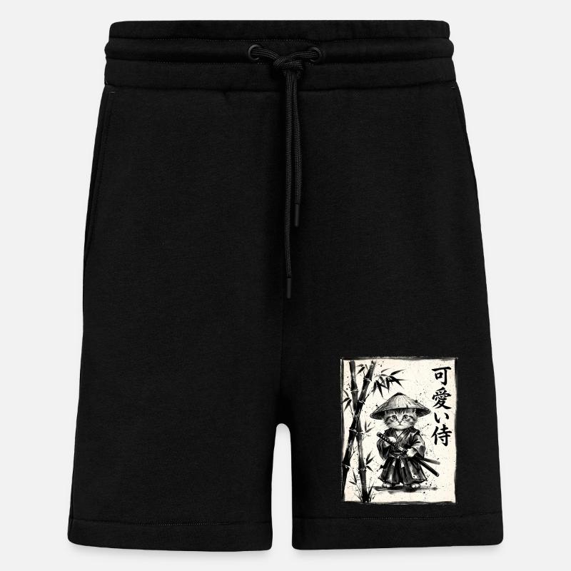 Samurai Cat Sumi-e Ink Drawing - Shorts - made by SPREAD - SOLID BLACK