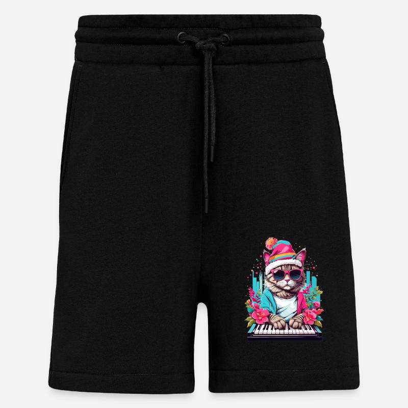 Chat mignon avec piano - Short bio décontracté fabriqué en UE - SOLID BLACK