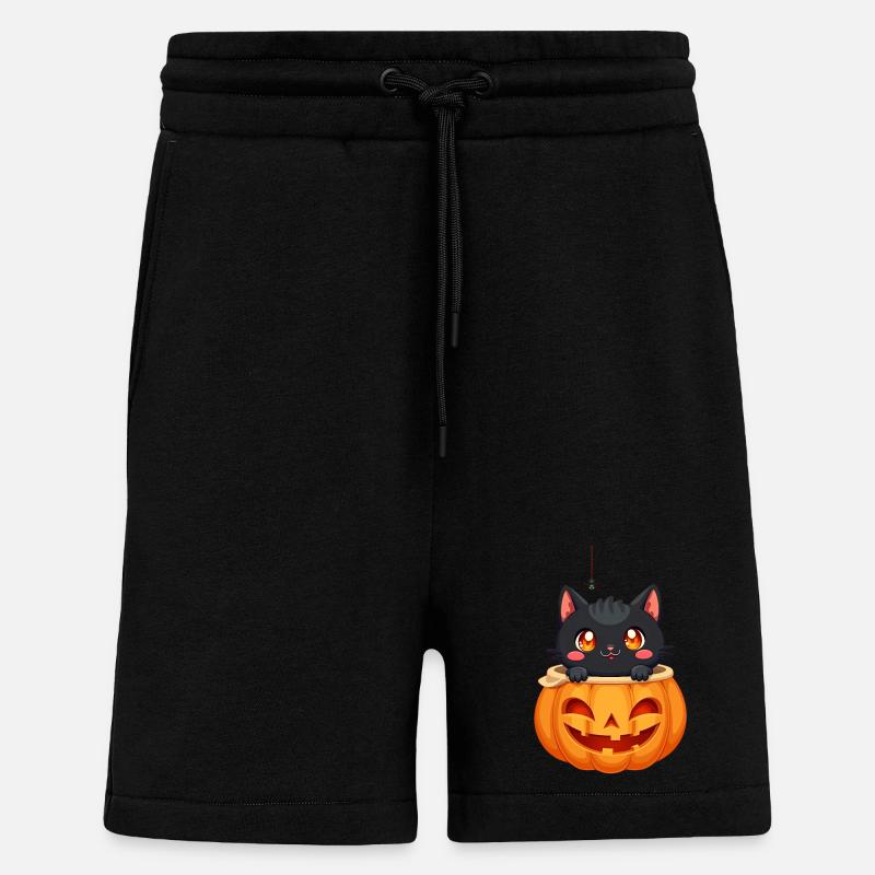 Chat d’Halloween avec citrouille d’Halloween - Short bio décontracté fabriqué en UE - SOLID BLACK