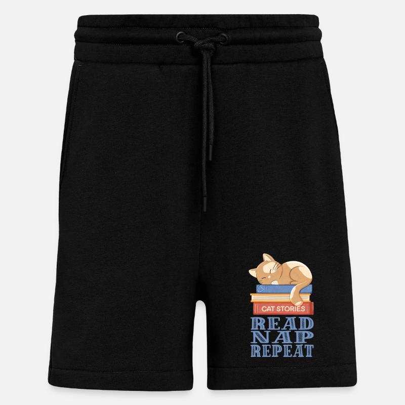 Chat endormi et livres - Short bio décontracté fabriqué en UE - SOLID BLACK