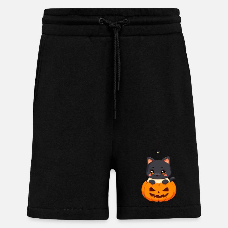 Chat d’Halloween avec citrouille d’Halloween - Short bio décontracté fabriqué en UE - SOLID BLACK