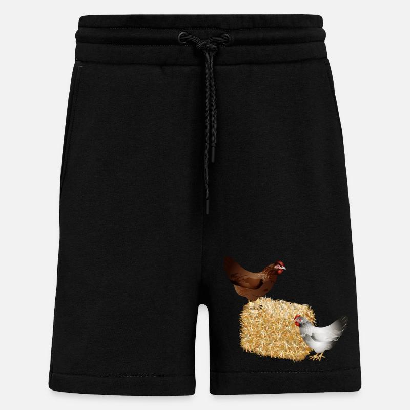 two chickens on a bale of straw - Shorts - made by SPREAD - SOLID BLACK