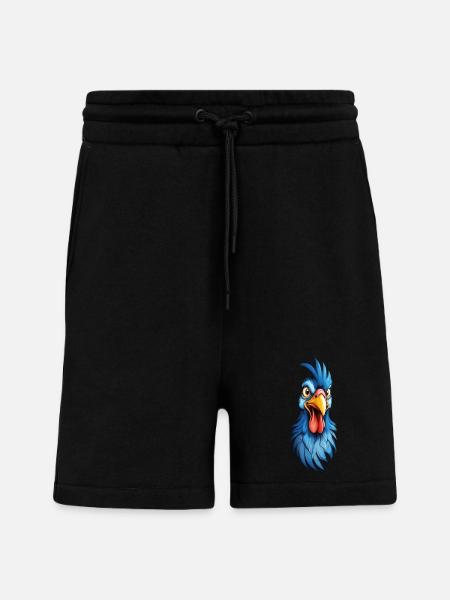 A blue-feathered rooster - Shorts - made by SPREAD - SOLID BLACK