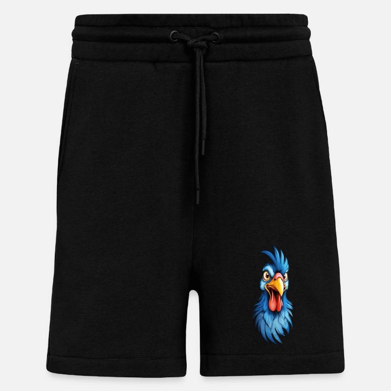A blue-feathered rooster - Shorts - made by SPREAD - SOLID BLACK