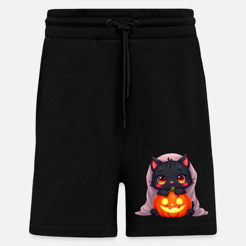 Chat d’Halloween avec citrouille d’Halloween - Short bio décontracté fabriqué en UE - SOLID BLACK