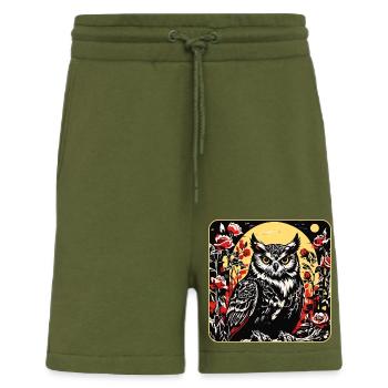 Hibou avec des vrilles de pétales de rose en aspect gravure sur bois - Short bio décontracté fabriqué en UE - MOSS GREEN - Devant