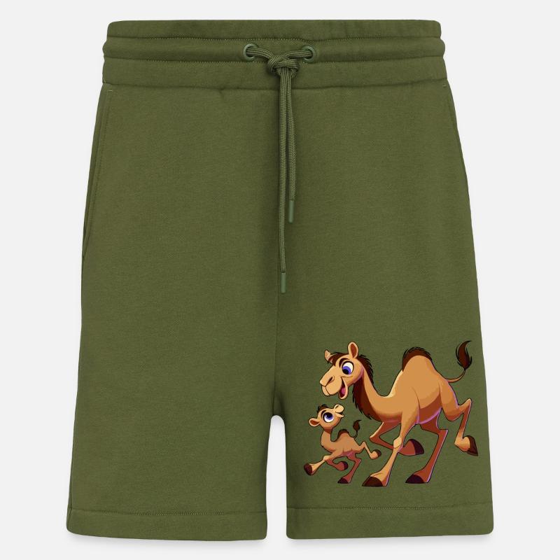 Mère chameau avec enfant gambadant - Short bio décontracté fabriqué en UE - MOSS GREEN