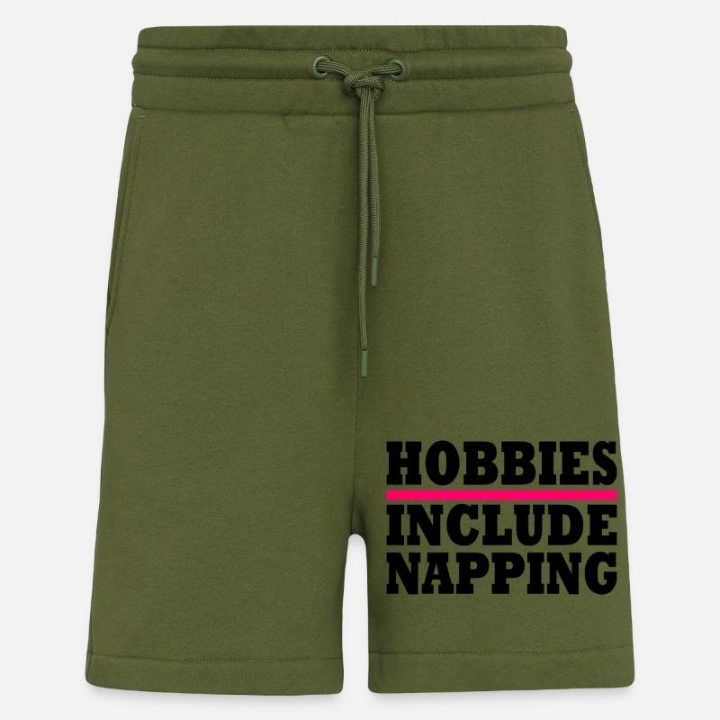 Hobbies include napping - Shorts - made by SPREAD - MOSS GREEN