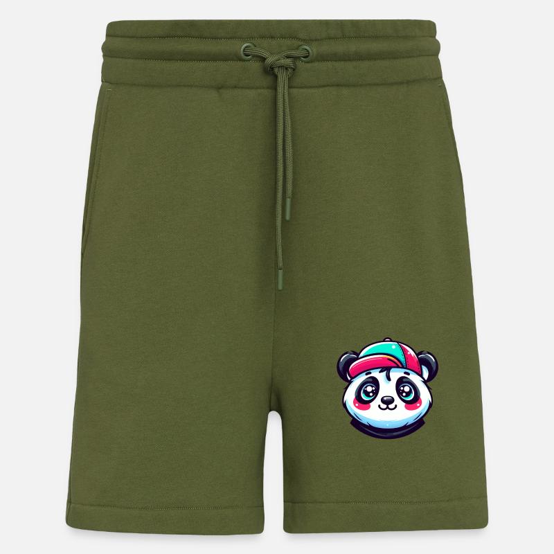 Simpatica testa di panda kawaii con berretto - Pantaloncini ecologici casual Made in UE - MOSS GREEN