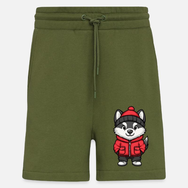 Dessin animé de chien husky - Short bio décontracté fabriqué en UE - MOSS GREEN