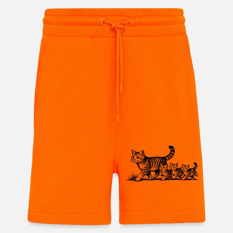 Mère chatte avec 3 chatons noirs - Short bio décontracté fabriqué en UE - SUNSET ORANGE