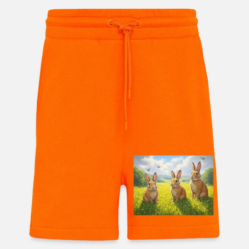 Trois lapins dans le champ de printemps - Short bio décontracté fabriqué en UE - SUNSET ORANGE