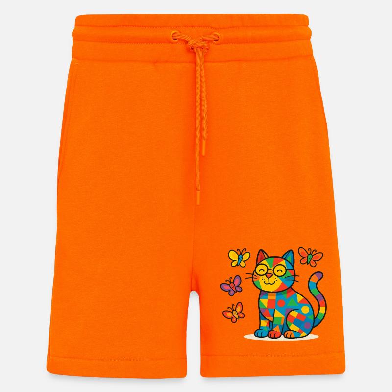Chat patchwork et papillons - Short bio décontracté fabriqué en UE - SUNSET ORANGE