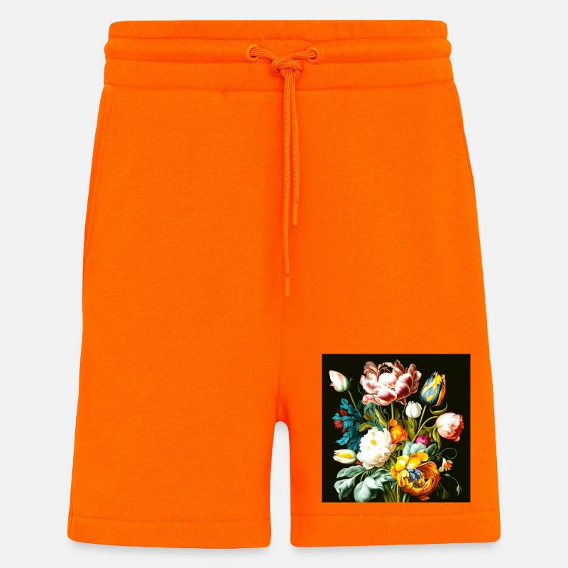 Composition florale texturée sur noir - Short bio décontracté fabriqué en UE - SUNSET ORANGE