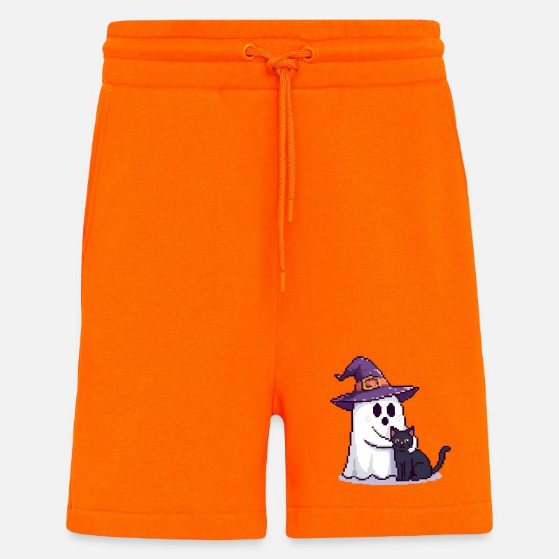 Pixel Geist mit Hexenhut & Katze – Halloween - Shorts - made by SPREAD - SUNSET ORANGE