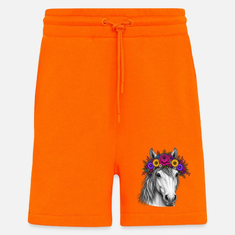 Cheval avec une couronne de fleurs - Short bio décontracté fabriqué en UE - SUNSET ORANGE