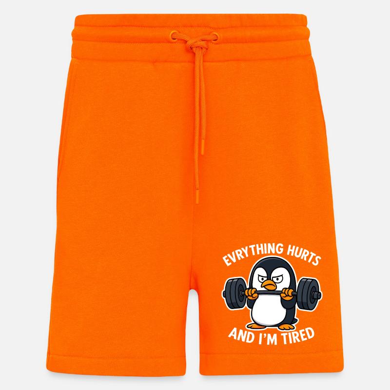 Grumpy Penguin Lifting Weights - Short bio décontracté fabriqué en UE - SUNSET ORANGE