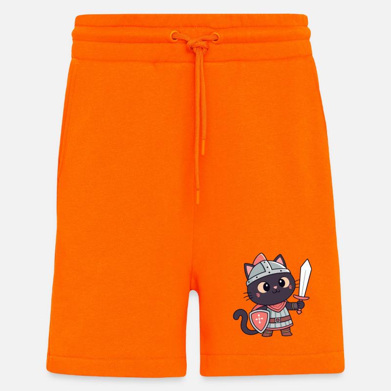 Chat Chevalier: épée et écu mignon - Short bio décontracté fabriqué en UE - SUNSET ORANGE