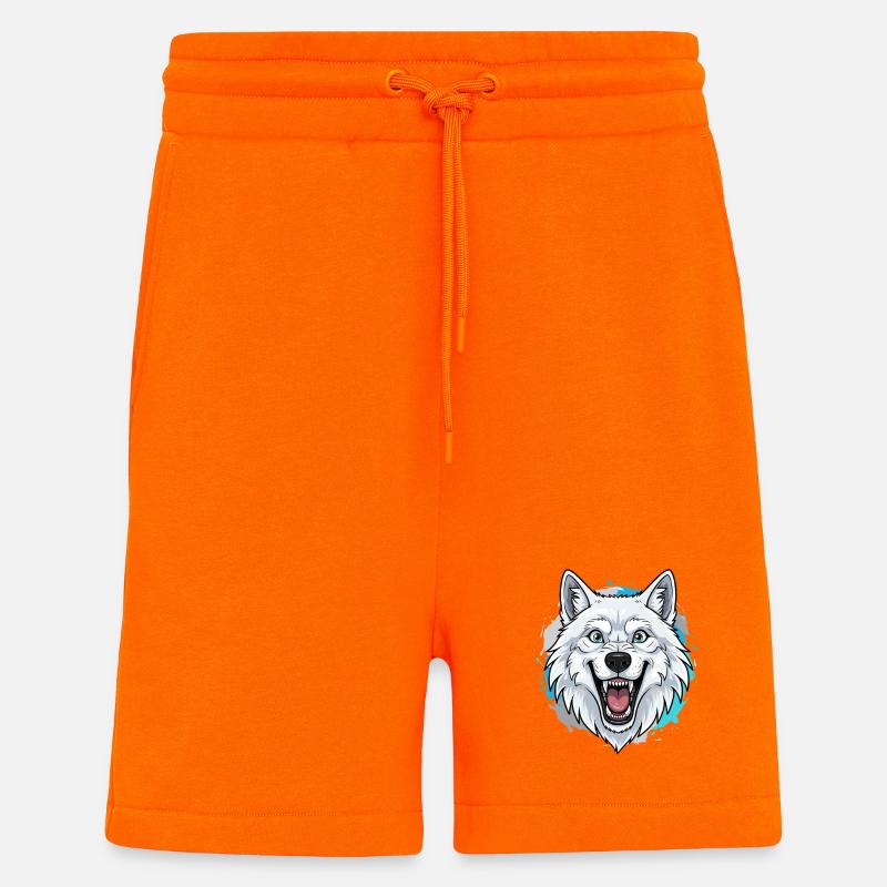 White Wolf Head Cartoon Blue Accents - Shorts - made by SPREAD - SUNSET ORANGE
