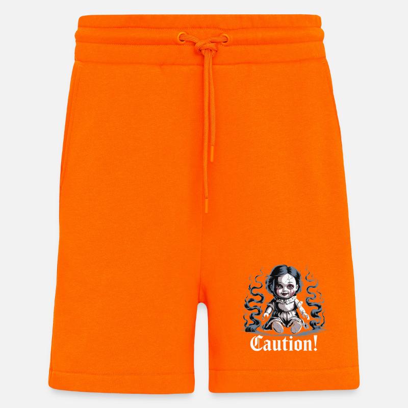 Creepy Doll with Caution Text - Shorts - made by SPREAD - SUNSET ORANGE