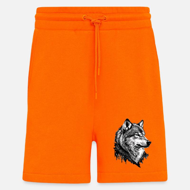 Dessin au trait de loup monochrome - Short bio décontracté fabriqué en UE - SUNSET ORANGE