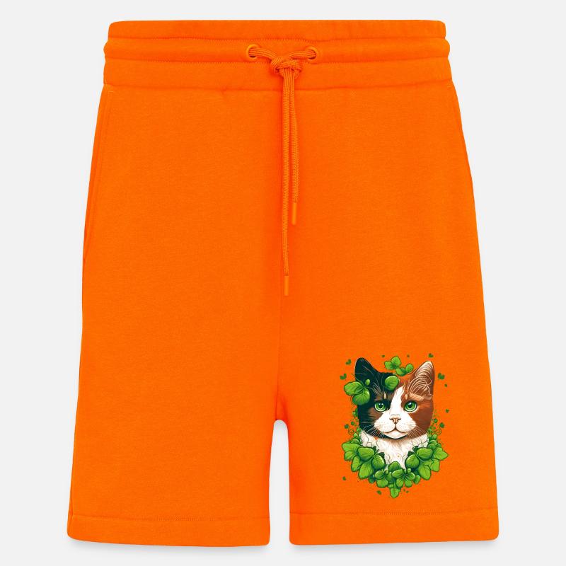 Chat avec cadre de feuilles - Short bio décontracté fabriqué en UE - SUNSET ORANGE